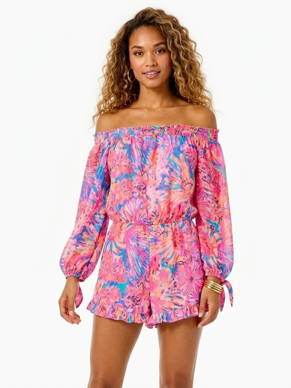 Lilly Pulitzer Women’s Romper Off Shoulder Silk Metallic Myri XS - Picture 1 of 13